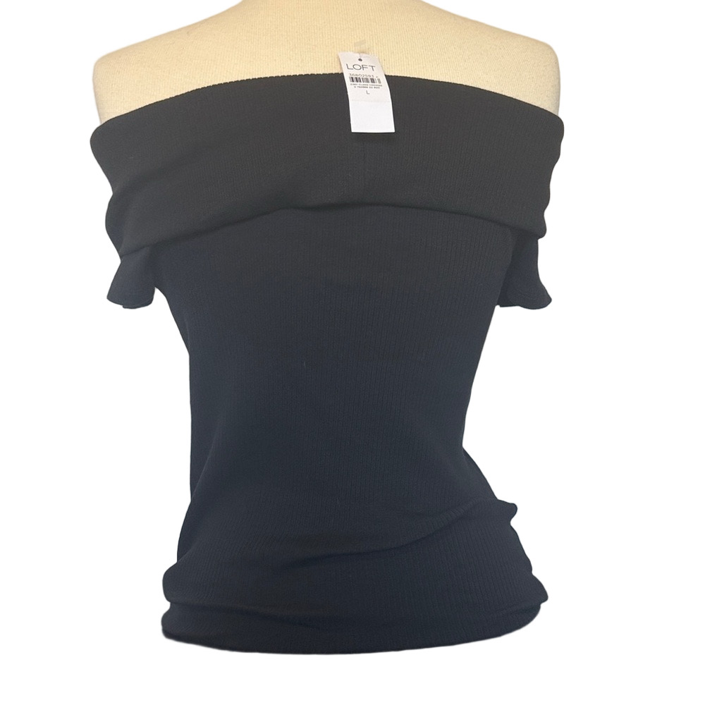 NWT LOFT Black Ribbed Off Shoulder Top Women’s Medium Fitted Knit Blouse - Picture 2 of 5